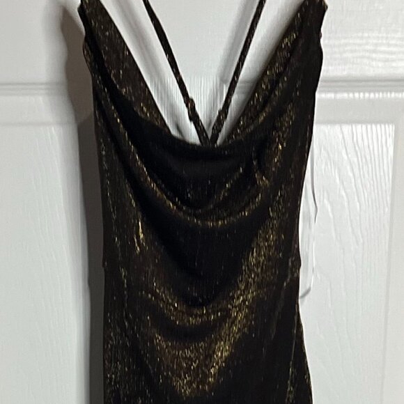Lulu's Sultry Sparkle Gold and Black Lurex Backless Cowl Maxi Dress Size M - Picture 4 of 12